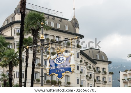 STRESA, ITALY/ EUROPE - SEPTEMBER 17: Ornate Regina Palace Hotel sign at Stresa Lake Maggiore Piedmont Italy on September 17, 2015