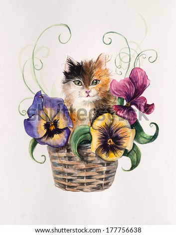 Kitten on the basket with flowers. Violet inside basket. Cat background, watercolor composition. Flower backdrop. Decoration with kitten & flowers, hand-drawing. Bouquet of violet. Illustration.