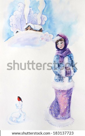 Russian girls in winter. Watercolor painting. Decoration with winter russian landscape. Hand-drawing illustration. From my collection of the woman in national (traditional) suits