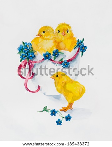 New born, three yellow chickens with little blue flowers. Hand-drawing water color. Illustration.
