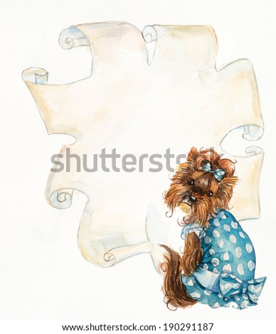 Yorkshire terrier & paper. Dog background, watercolor composition. Decoration with puppy, hand-drawing. Illustration. Place for your text