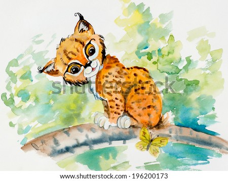 Lynx sits on a branch. Decoration with wildlife scene. Pattern from forest inhabitants. Water color painting. Animal background, watercolor composition. Illustration