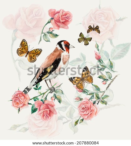Goldfinch. Pattern from roses. Water color painting. Roses background, watercolor composition. Flower backdrop.
