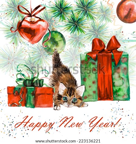 Kitten under a Christmas fir-tree. Ridiculous cat background, watercolor composition. Hand-drawing water color. Illustration. New year card. Happy New Year.