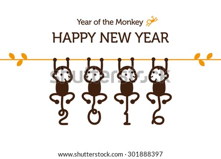 New Year card with Monkey for year 2016