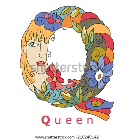 decorative initial, capital letter Q with a face of pretty woman and decorative flowers. Vector image.