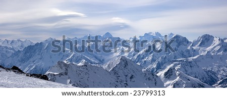 Panoramic view of Greater Caucasus from Elbrus. Caucasus Mountains, Russia