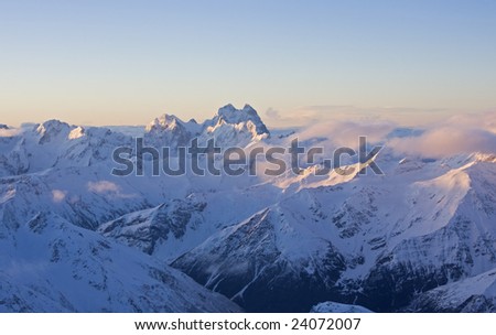 Mt. Ushba from Elbrus. Caucasus Mountains in spring