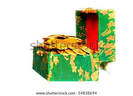 chest full of money, gold coins