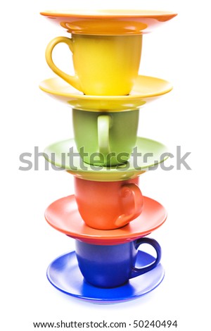 High tower of cups isolated on white background.