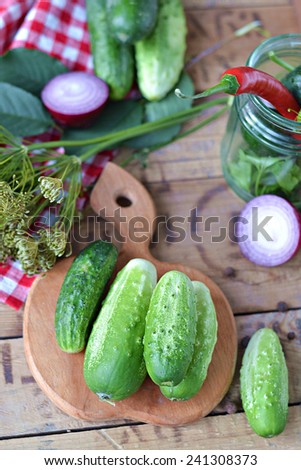 Set for home canning cucumbers on a background of onion, dill, parsley, red pepper.Selective focus