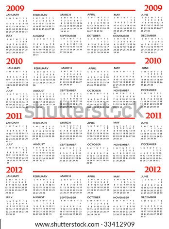 Calendar, New Year 2009, 2010, 2011, 2012 Stock Vector Illustration 