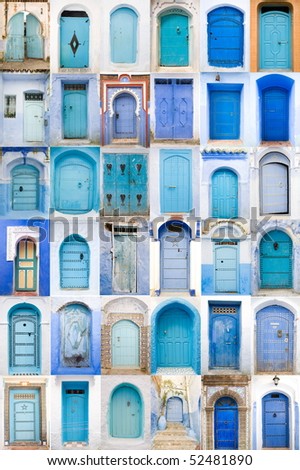 Very old, blue wooden doors of Morocco