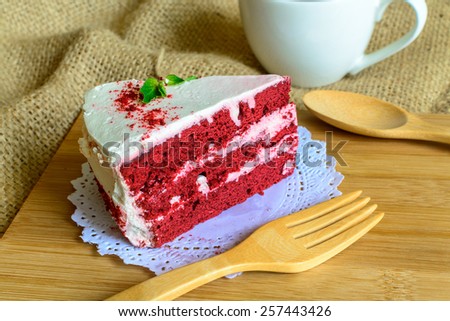 Close up of Red velvet cake on sackcloth