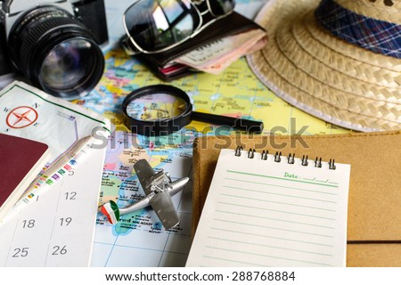 diary and calendar with passport and map, Travel planning