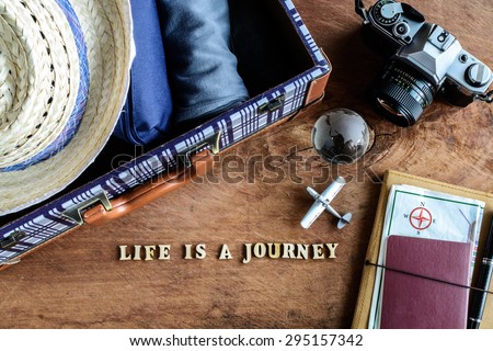 Outfit of traveler on wooden background with word \