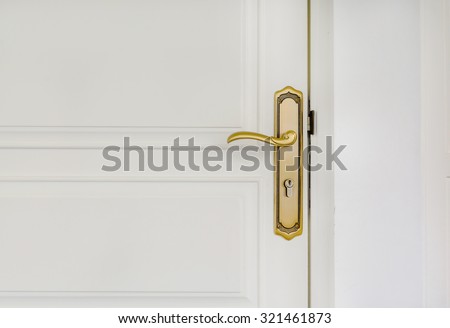 Close up of classic golden door handle on white door