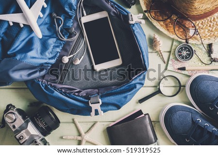 Overhead view of Traveler\'s accessories and items, Travel concept