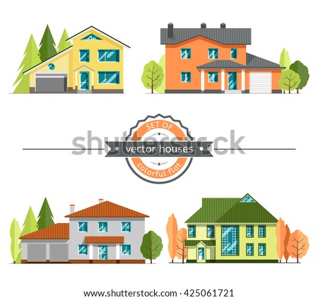 Set of flat vector houses on white background. Single-Family Home. Modern residential architecture.