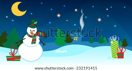 Beautiful countryside winter background with a clear winter night, forest, snowman and presents.