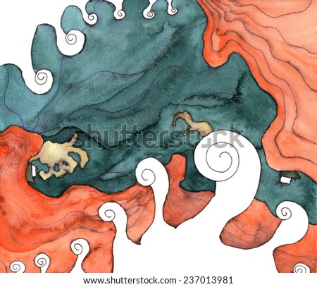 Watercolor and ink illustration of sea storm with waves, hands and legs. This painting represents the modern man conflict with his environment, the natural world.