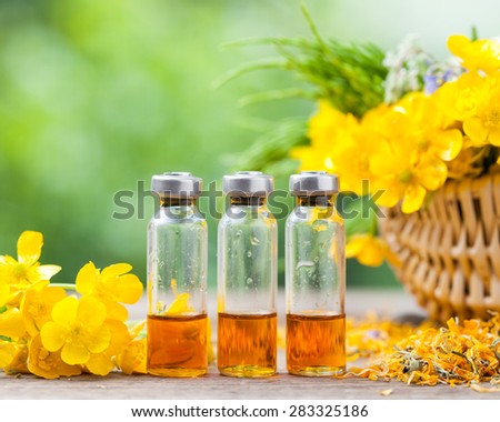 Bottles of healing plants treatment and healthy herbs in basket.