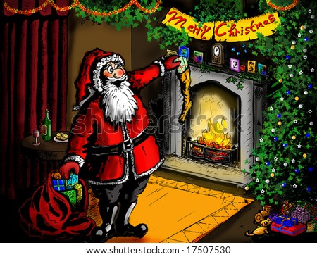 Hand drawn Illustration of Father Christmas delivering presents embellished in photo-shop for Christmas use