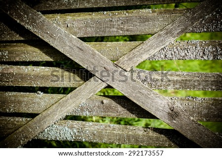 Old wooden fence covered with moss. Behind the fence the green field .