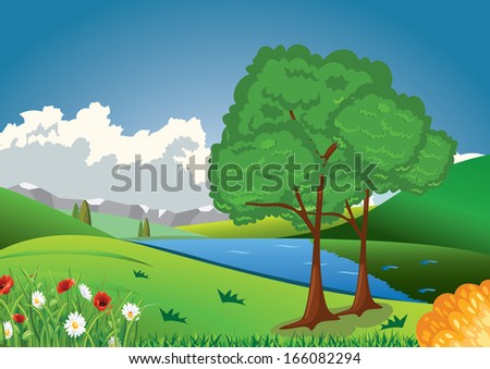 hills with trees and lake