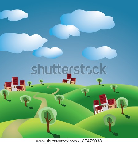 hills with trees and villages