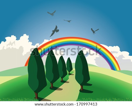 hill with trees and rainbow