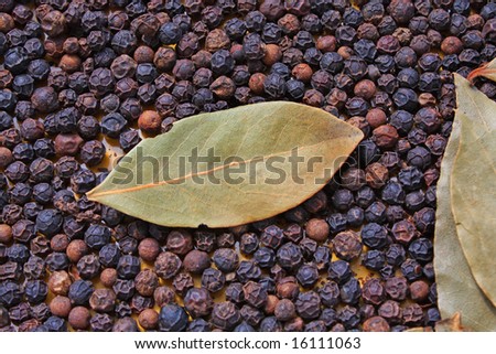 Close up of the laurel leaf and black pepper.