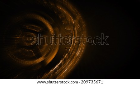 Concept of process, wheels, spinning, mechanical in neon color with dark background