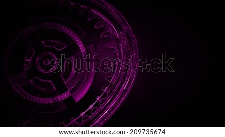 Concept of process, wheels, spinning, mechanical in neon color with dark background