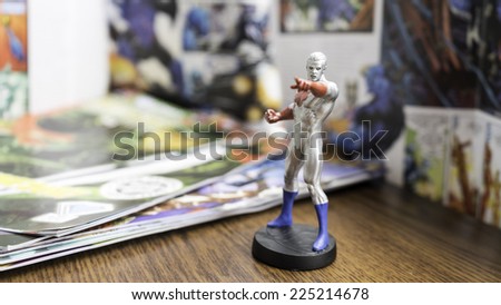 KL, MALAYSIA - OCTOBER 22, 2014: Slightly defocused and closeup figurine of Captain Atom (real name Nathaniel Adam) a member of the Justice League super hero team.