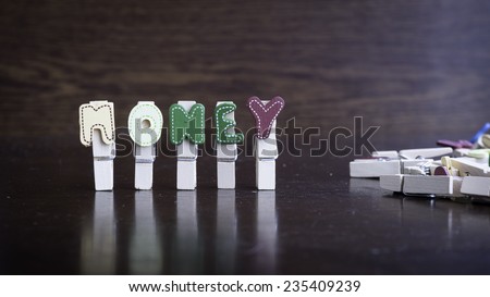 Common business terms - Slightly defocused and close-up of MONEY word on clothes peg stick with lots of clothes peg at background