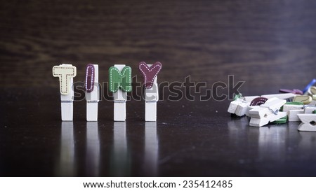 Common business terms - Slightly defocused and close-up of TINY word on clothes peg stick with lots of clothes peg at background
