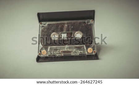 Retro styled or retro color old compact cassette with empty label. Concept of retro music. Slightly defocused and close-up shot.