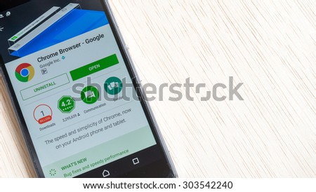 Petaling Jaya, Malaysia - Aug 6, 2015: Google Chrome Browser mobile app in Play Store on mobile phone. Google\'s Chrome for Android is an edition of Google Chrome released for the Android system