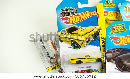 Petaling Jaya, Malaysia - Aug 13, 2015: Assortment of Hot Wheels die cast carded car model for Hot Wheels series. Hot Wheels is a scale die-cast toy cars by American toy maker Mattel in 1968.