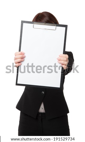 A pretty businesswoman carrying an empty clipboard