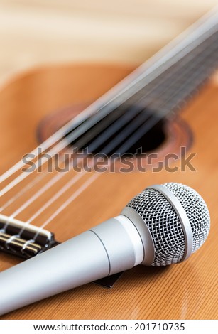A classical guitar with six nylon strings and microphone