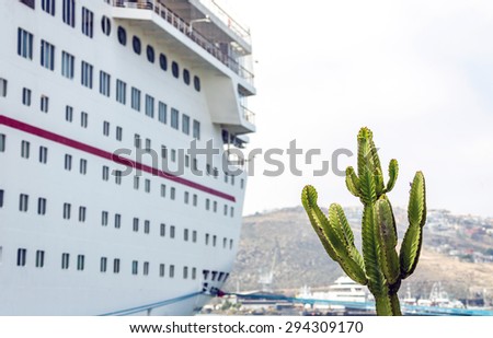 Cruise ship in Mexico Ensenada with cactus on foreground