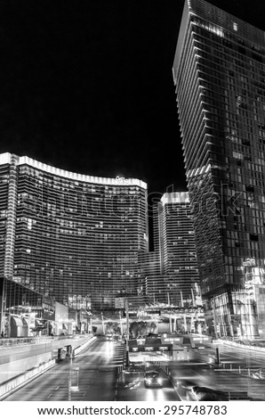 LAS VEGAS, NEVADA - MAY 29: Aria hotel on May 27, 2015 in Las Vegas, Nevada,USA in black and white style. Aria is a luxurious hotel.