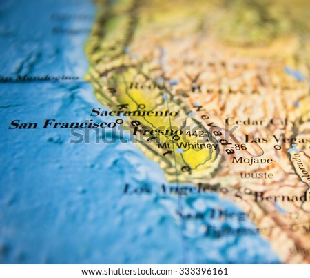 San Francisco, Fresno, Sacramento California map part of a world globe