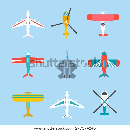 Color airplanes and helicopters icons set, top view, vector illustration, isolated. Travel by air, aircraft flight, air transport, plane transportation, passenger plane, fighter plane