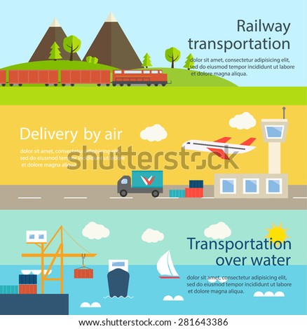 Transportation and delivery web banners set. Railway transportation, transportation over water, transportation by air, vector illustration