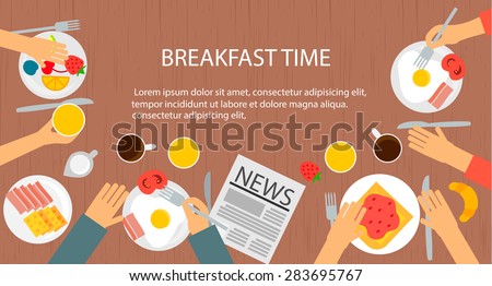 Cooking and food web banner with breakfast icons set, vector illustration. Top view of family  having breakfast
