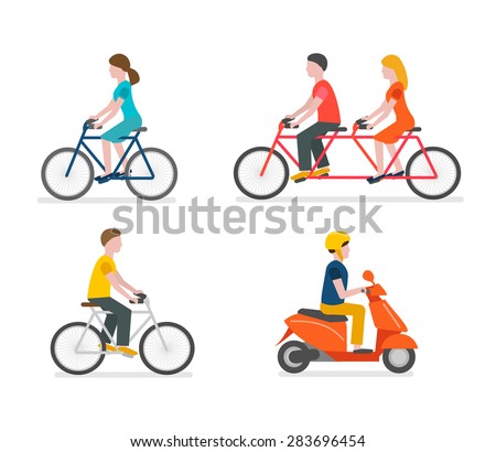 Cyclists riding bike set including tandem bicycle. Scooter rider, vector illustration
