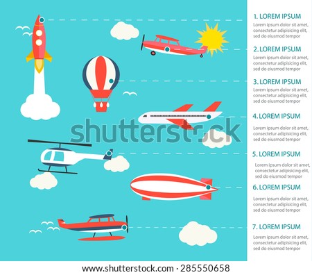 Air transportation infographics, vector illustration. Infographic with aircraft, hot air balloon, helicopter, rocket, seaplane, airship